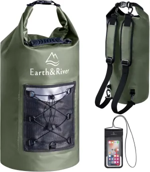 EARTH&RIVER Premium Dry Bag Backpack, Extra Thick, Protection for All Water Activities & Camping, Floating Lightweight Dry Bag with Inside Pocket Storage & IPX8 Waterproof Phone Case (Army Green, 20L)