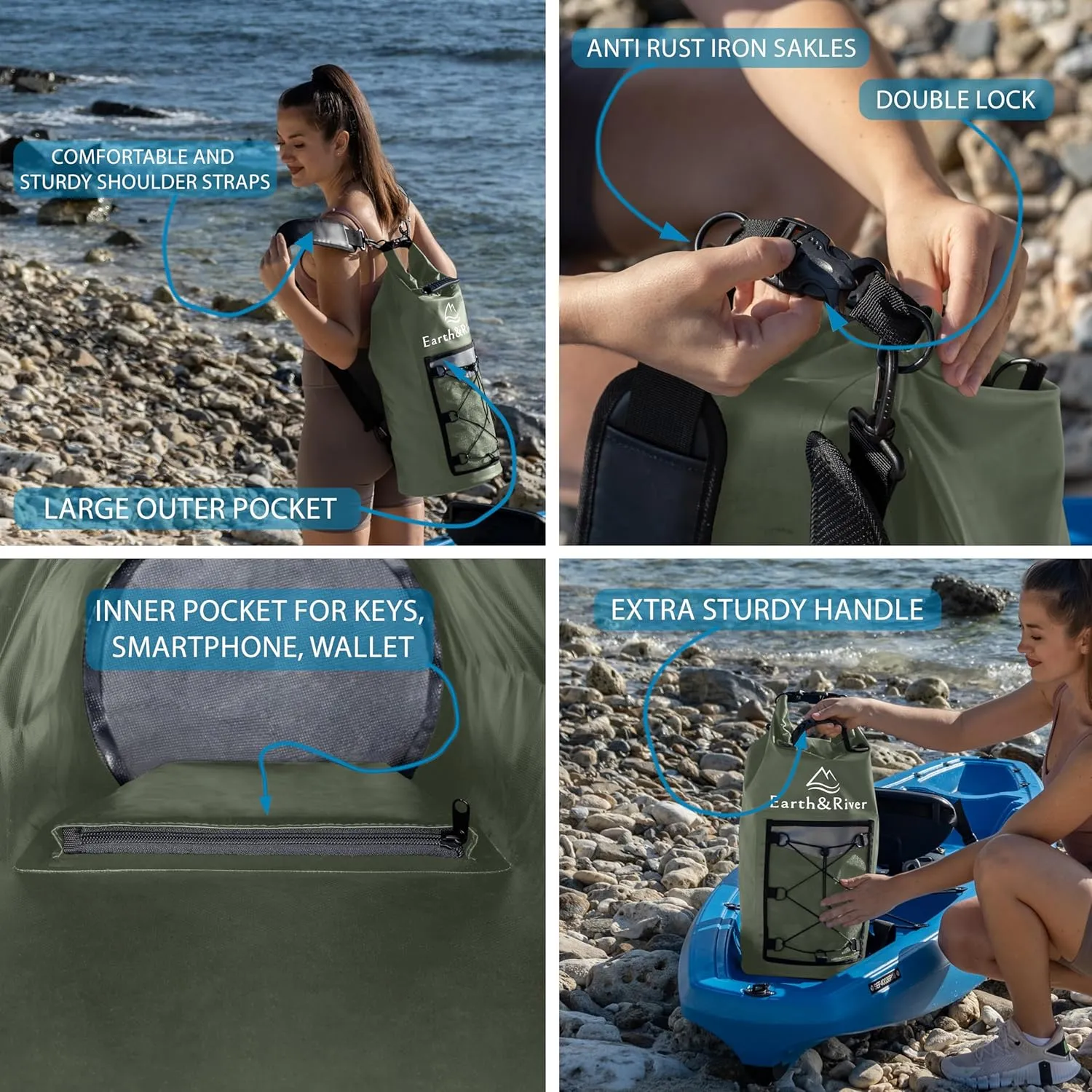 EARTH&RIVER Premium Dry Bag Backpack, Extra Thick, Protection for All Water Activities & Camping, Floating Lightweight Dry Bag with Inside Pocket Storage & IPX8 Waterproof Phone Case (Army Green, 20L)