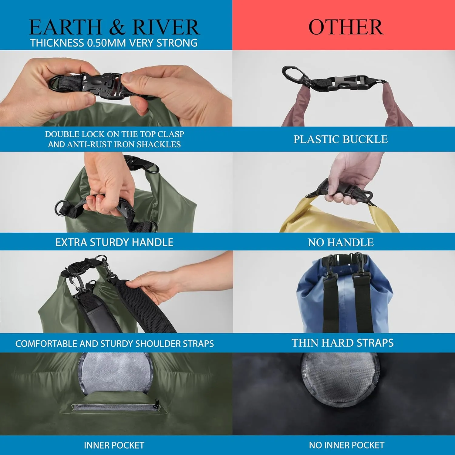 EARTH&RIVER Premium Dry Bag Backpack, Extra Thick, Protection for All Water Activities & Camping, Floating Lightweight Dry Bag with Inside Pocket Storage & IPX8 Waterproof Phone Case (Army Green, 20L)