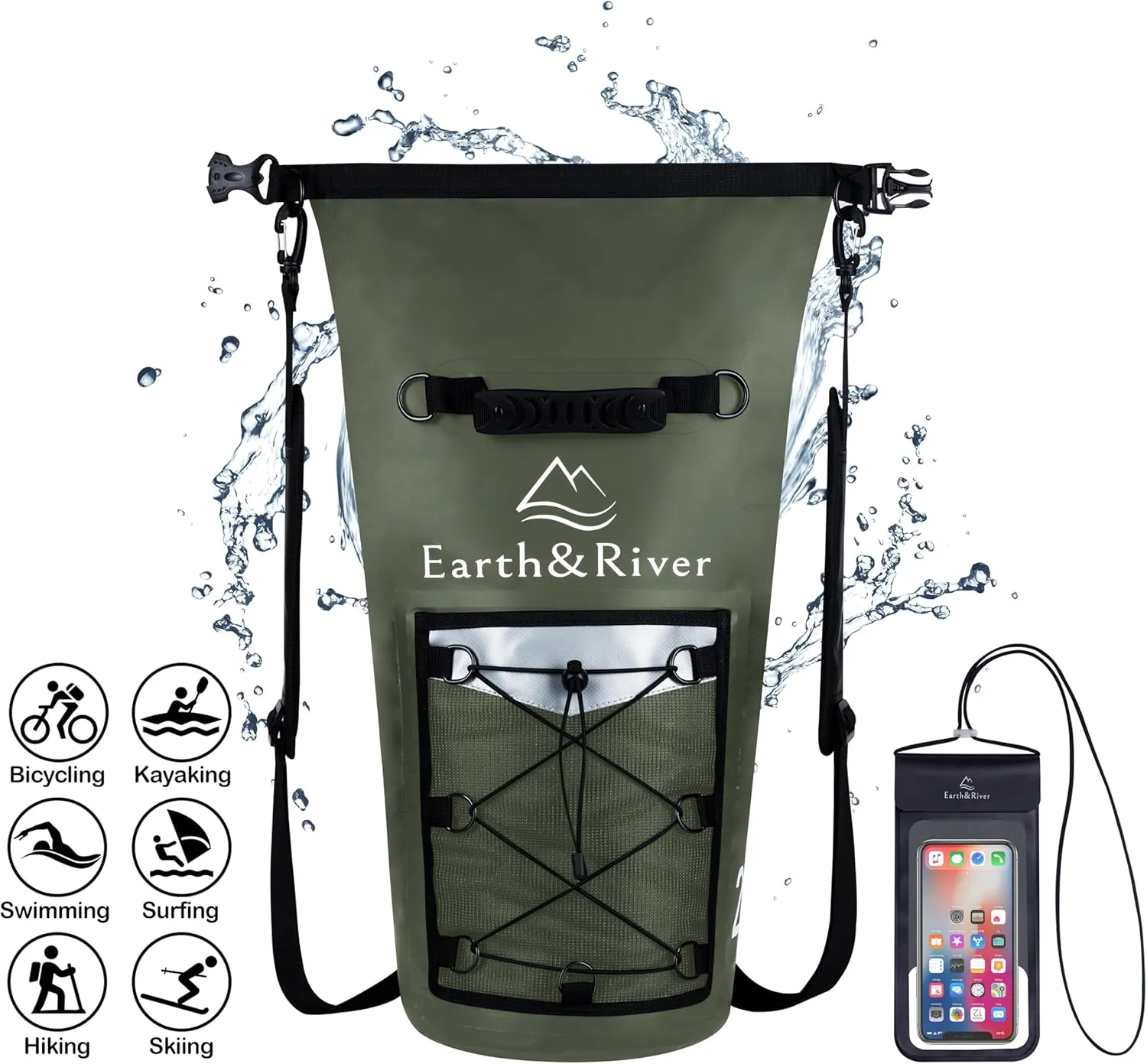 EARTH&RIVER Premium Dry Bag Backpack, Extra Thick, Protection for All Water Activities & Camping, Floating Lightweight Dry Bag with Inside Pocket Storage & IPX8 Waterproof Phone Case (Army Green, 20L)