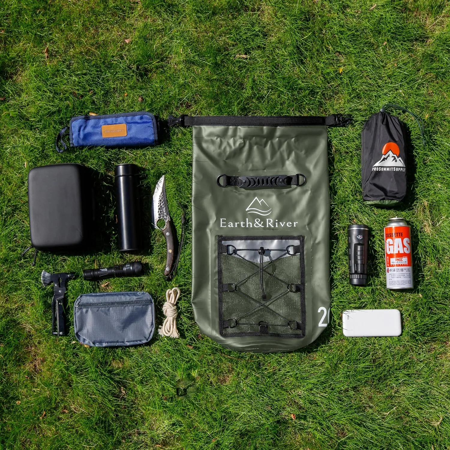 EARTH&RIVER Premium Dry Bag Backpack, Extra Thick, Protection for All Water Activities & Camping, Floating Lightweight Dry Bag with Inside Pocket Storage & IPX8 Waterproof Phone Case (Army Green, 20L)