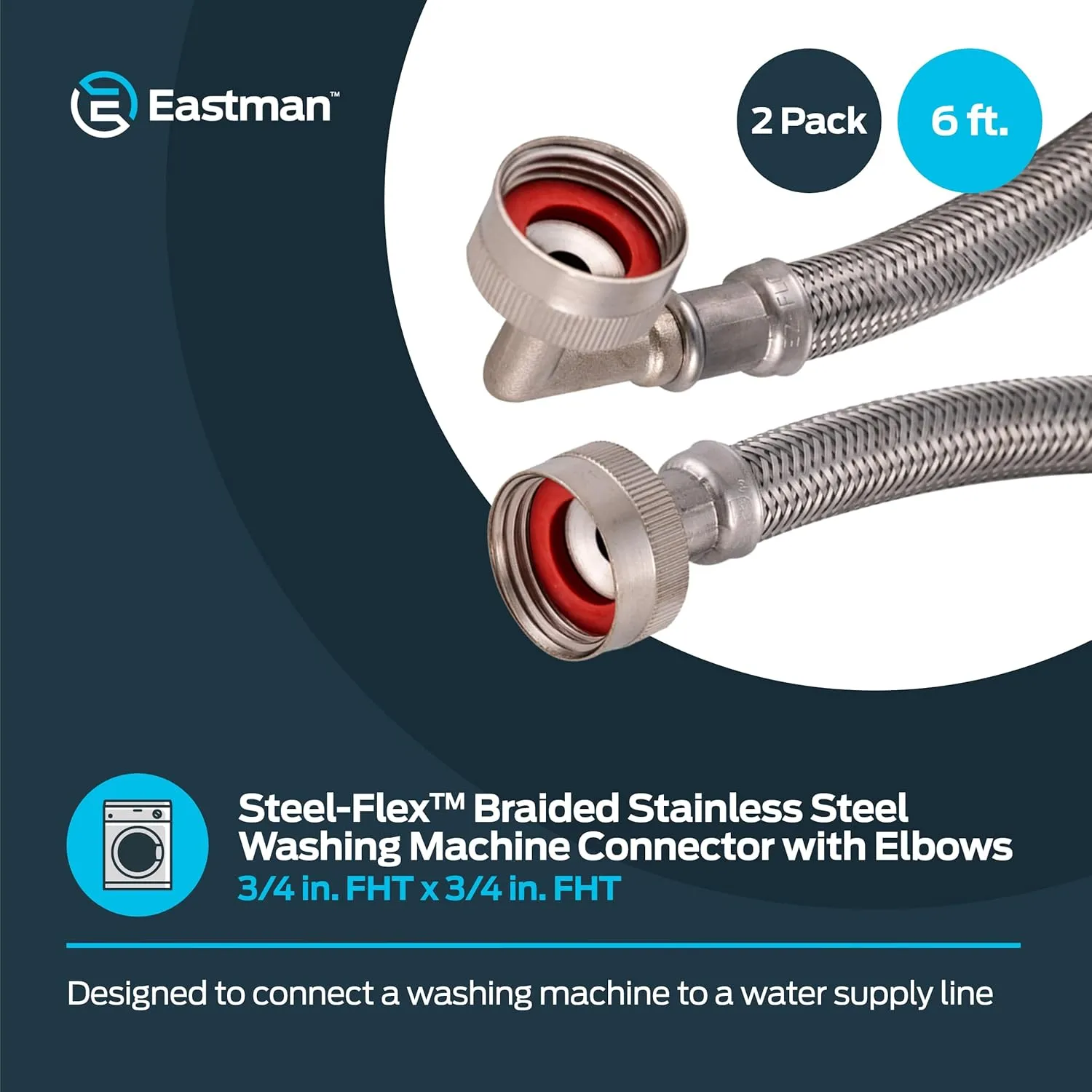 Eastman Washing Machine Connector, Pack of 2, 3/4 Inch FHT Connection, 90 Degree Elbow, 6 Foot Braided Stainless Steel Washing Machine Hoses, 41066