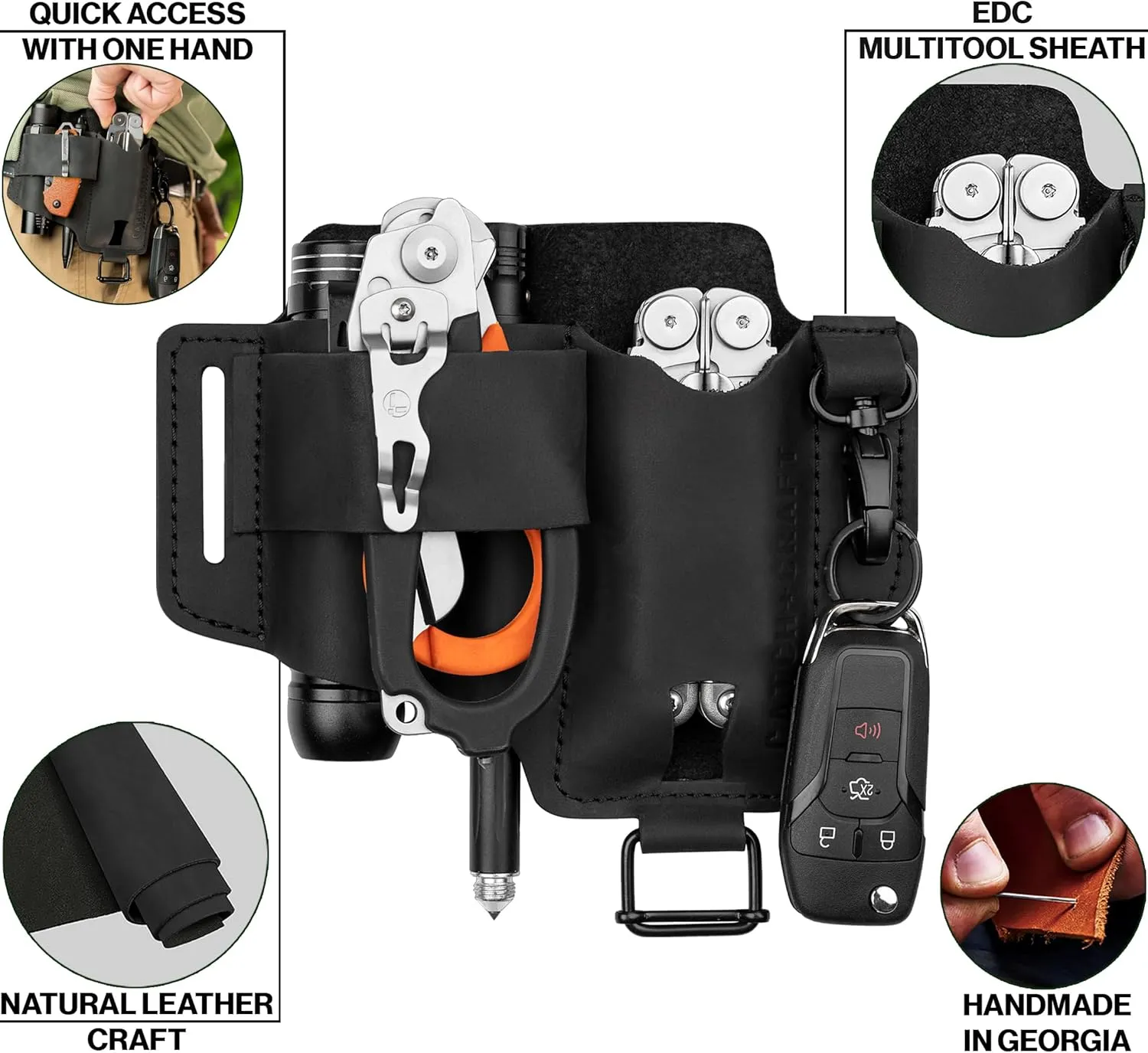 EDC Multitool Sheath for Belt - Compact Knife and Flashlight Holster for Daily use - Leatherman Sheath for Men - Handmade Leather EDC Tool Organizer - Belt Pouch for Work - CatchandCraft