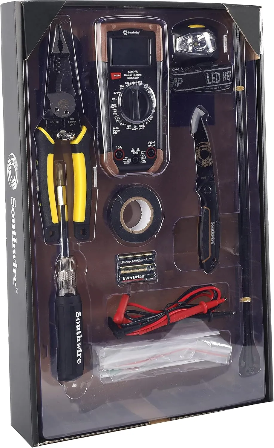 Electrical Maintenance Tool Kit including Multi-Tool Pliers, Multimeter, Multi-Bit Screwdriver, Compact Pocket Knife, LED Headlamp, Buss Blade Fuses, Zip Ties, and Electrical Tape