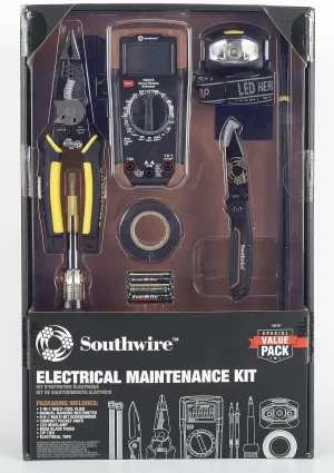 Electrical Maintenance Tool Kit including Multi-Tool Pliers, Multimeter, Multi-Bit Screwdriver, Compact Pocket Knife, LED Headlamp, Buss Blade Fuses, Zip Ties, and Electrical Tape