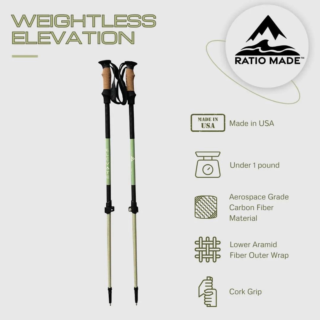 Elevate Lightweight Collapsible Trekking Pole Pair- Carbon Fiber and Aramid Fiber with Cork Grips- Made in USA