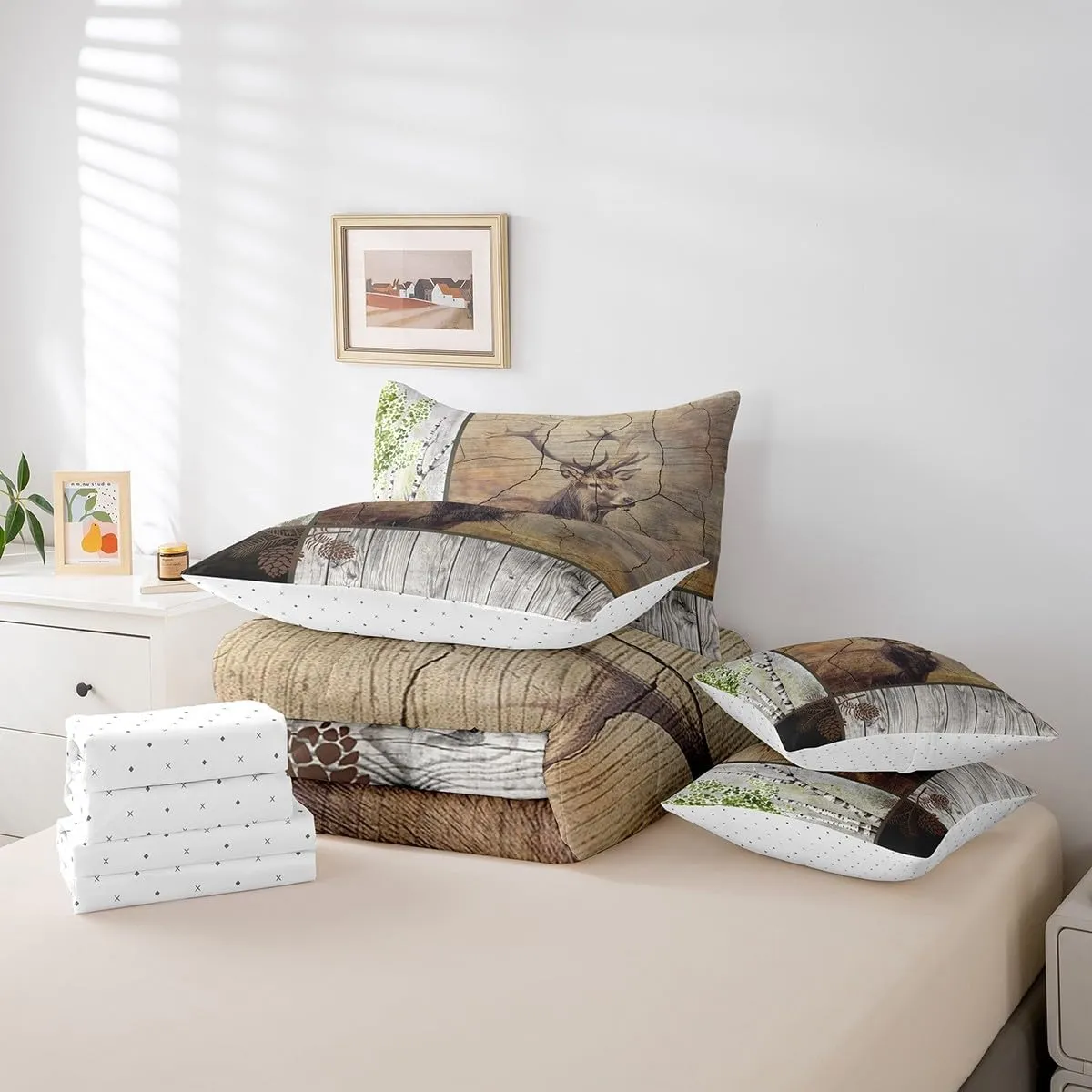 Elk Deer Bed in a Bag King Size Comforter Set 7 Pieces,Xmas Moose Reindeer Bedding Sets Birch Trees Sheet Set with Comforter