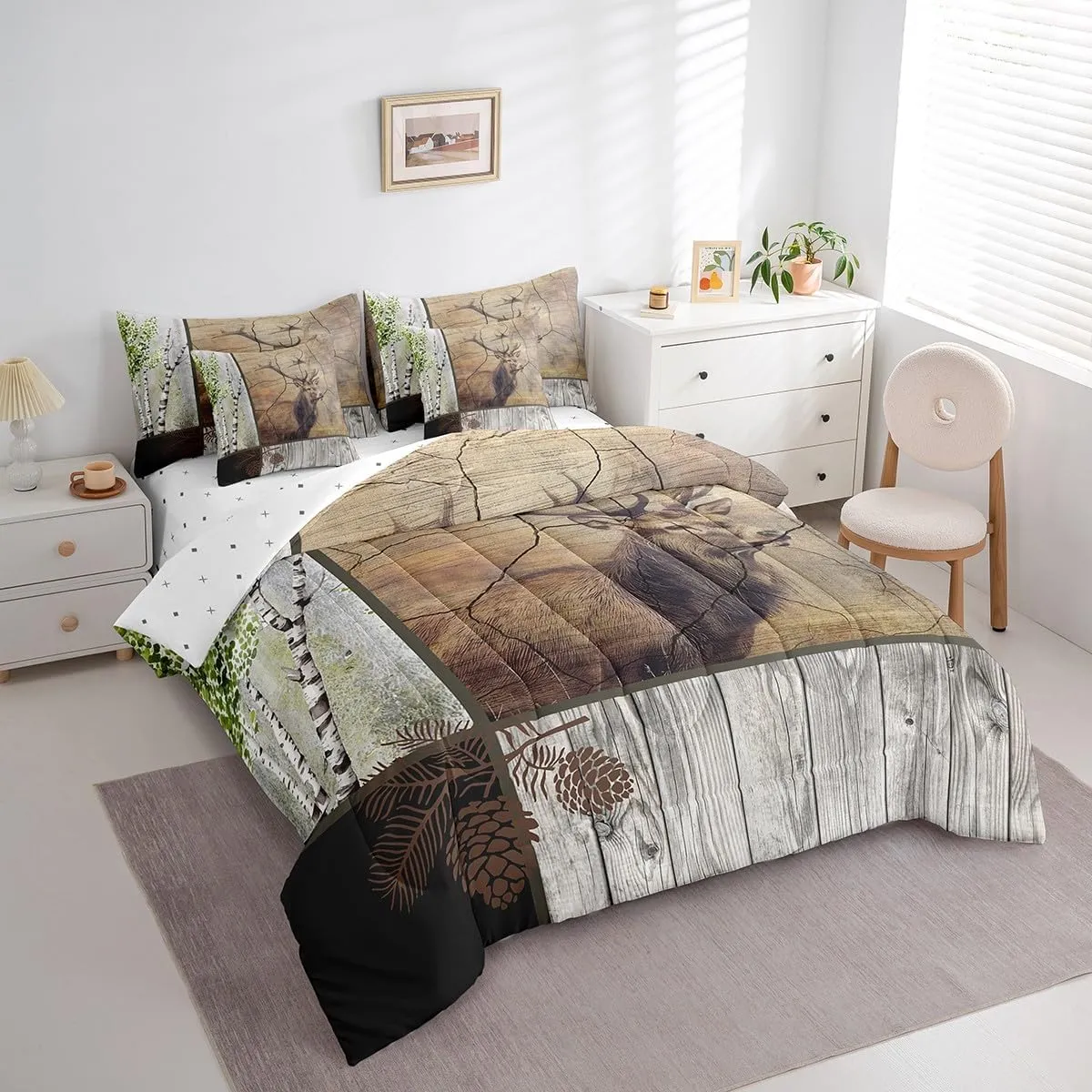 Elk Deer Bed in a Bag King Size Comforter Set 7 Pieces,Xmas Moose Reindeer Bedding Sets Birch Trees Sheet Set with Comforter