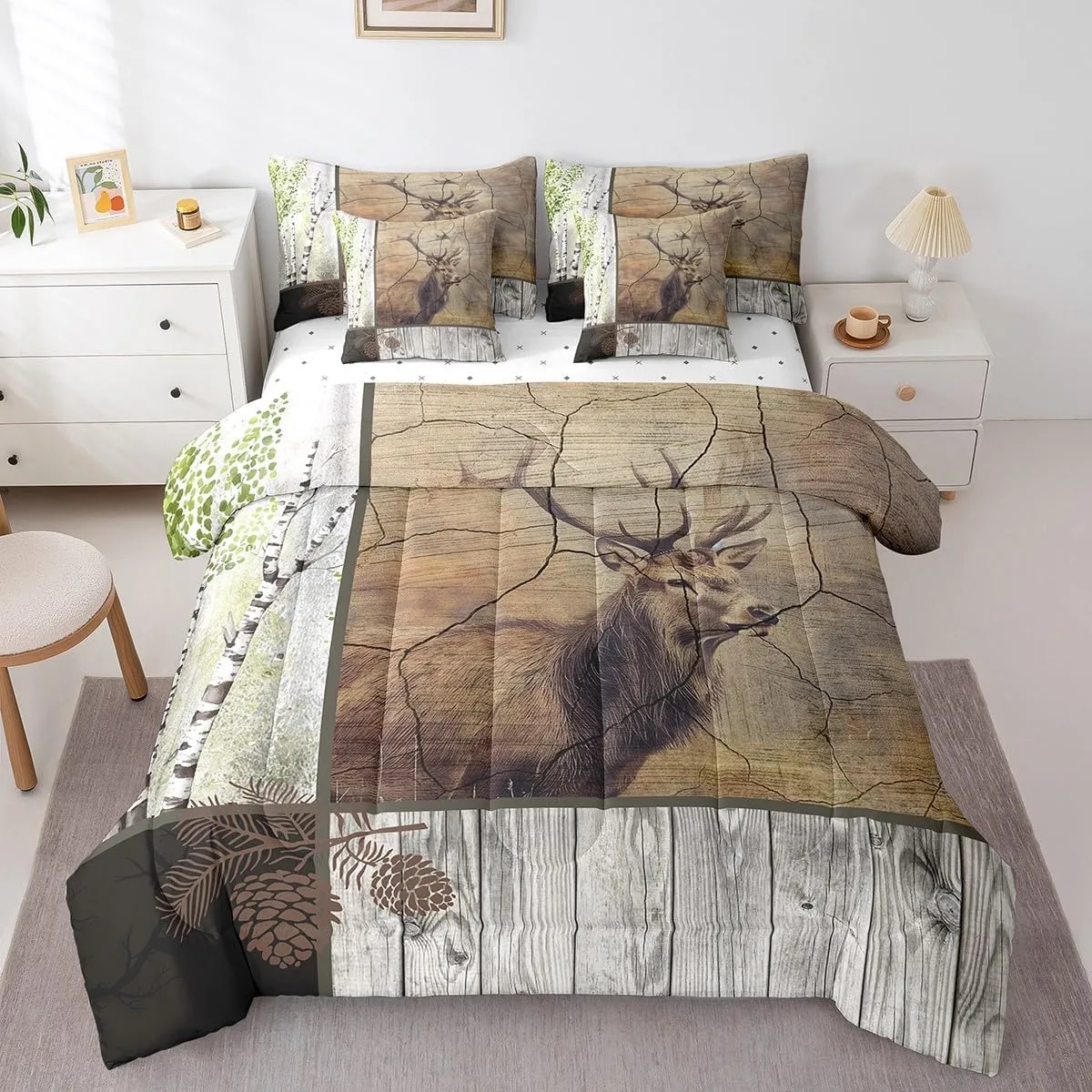 Elk Deer Bed in a Bag King Size Comforter Set 7 Pieces,Xmas Moose Reindeer Bedding Sets Birch Trees Sheet Set with Comforter