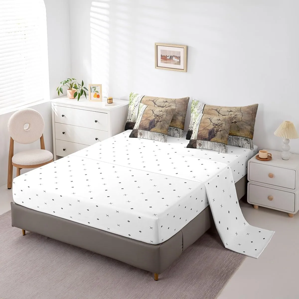 Elk Deer Bed in a Bag King Size Comforter Set 7 Pieces,Xmas Moose Reindeer Bedding Sets Birch Trees Sheet Set with Comforter