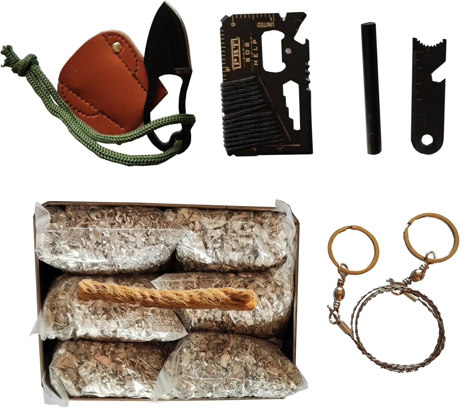 Emergency Fire Starter 6 Bag Megnesiums Multi Purpose Card Tool Saw Ferro Rod Striker Blanket Wax Rope for Camping Hiking Bushcraft   Tin Box (Mg   FerroStriker   Knife   Saw   Tool   Rope)