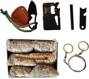 Emergency Fire Starter 6 Bag Megnesiums Multi Purpose Card Tool Saw Ferro Rod Striker Blanket Wax Rope for Camping Hiking Bushcraft   Tin Box (Mg   FerroStriker   Knife   Saw   Tool   Rope)