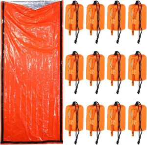 Emergency Survival Sleeping Bags (12-Pack), Waterproof Bivvy Sack with Whistle, Compact and Portable Outdoor Emergency Kit for Camping and Hiking
