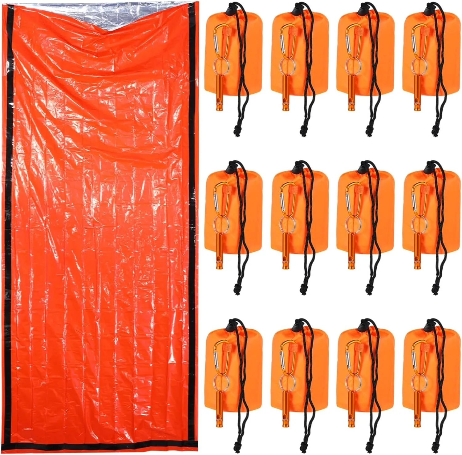 Emergency Survival Sleeping Bags (12-Pack), Waterproof Bivvy Sack with Whistle, Compact and Portable Outdoor Emergency Kit for Camping and Hiking