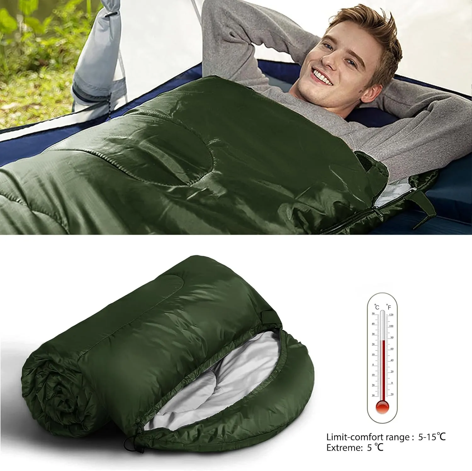 Envelope Camping Sleeping Bag 3 Seasons Warm & Cool Weather, Lightweight, Waterproof, Portable for Adults & Kids - Camping Gear Equipment Hiking Travel, Indoors and Outdoors