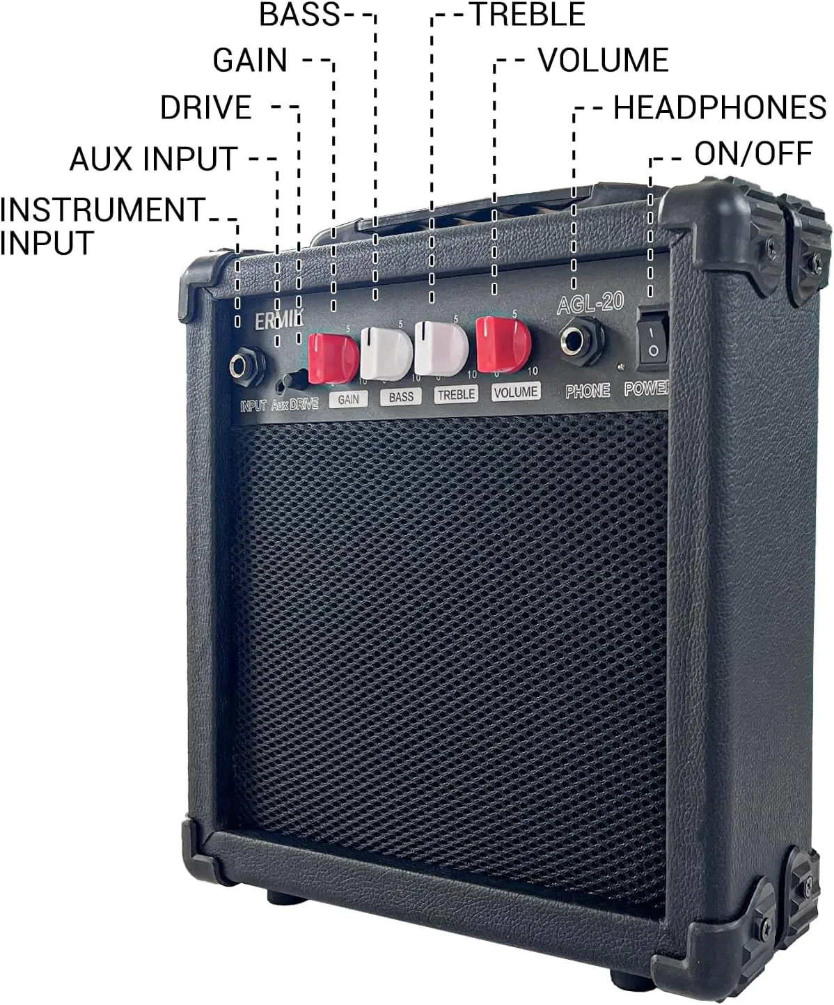 Ermik Electric Guitar Amp 20W Electric Guitar Amplifier Built in Speaker Headphone Jack Input and Aux JackDrive Button 4 Knobs Gain Bass Treble and Volume, Portable - Black (20W)