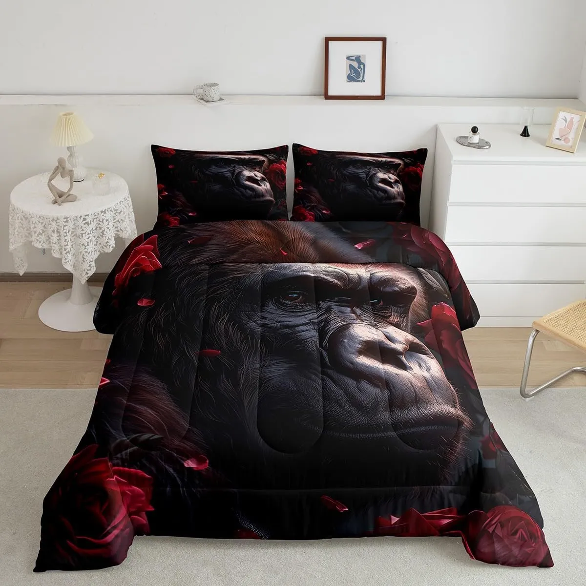 Erosebridal Ape 7 Piece Comforter Set Full Bed in a Bag,Black Gorilla Bedding Sets Red Rose Chimpanzee Bed Set,Gothic Wild Animals Sheet Set with Comforter