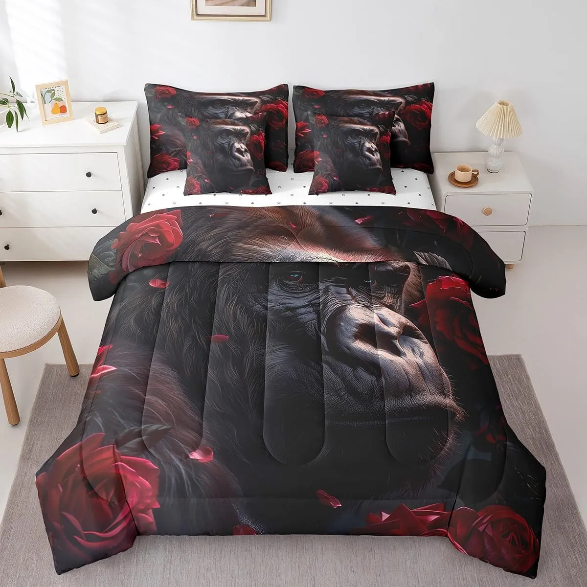 Erosebridal Ape 7 Piece Comforter Set Full Bed in a Bag,Black Gorilla Bedding Sets Red Rose Chimpanzee Bed Set,Gothic Wild Animals Sheet Set with Comforter