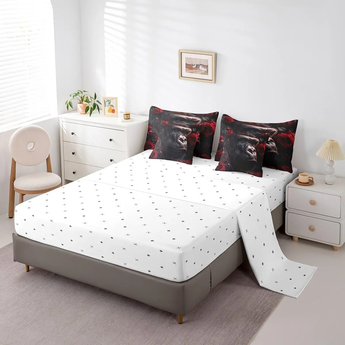 Erosebridal Ape 7 Piece Comforter Set Full Bed in a Bag,Black Gorilla Bedding Sets Red Rose Chimpanzee Bed Set,Gothic Wild Animals Sheet Set with Comforter