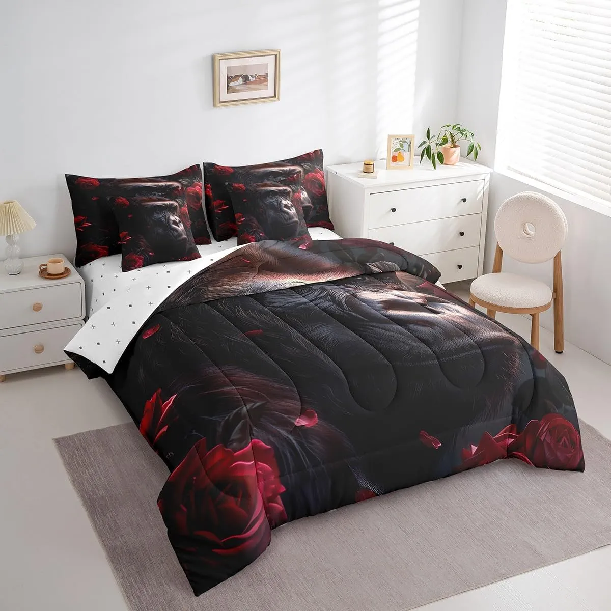 Erosebridal Ape 7 Piece Comforter Set Full Bed in a Bag,Black Gorilla Bedding Sets Red Rose Chimpanzee Bed Set,Gothic Wild Animals Sheet Set with Comforter