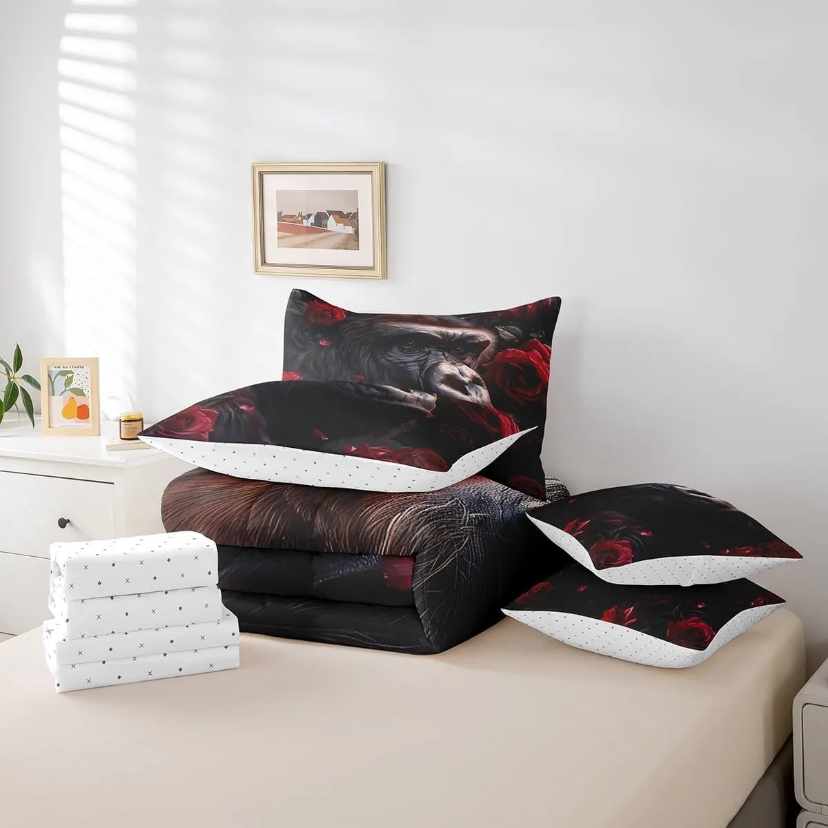 Erosebridal Ape 7 Piece Comforter Set Full Bed in a Bag,Black Gorilla Bedding Sets Red Rose Chimpanzee Bed Set,Gothic Wild Animals Sheet Set with Comforter