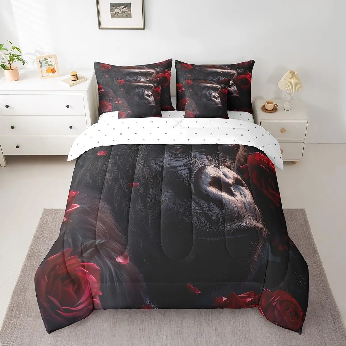 Erosebridal Ape 7 Piece Comforter Set Full Bed in a Bag,Black Gorilla Bedding Sets Red Rose Chimpanzee Bed Set,Gothic Wild Animals Sheet Set with Comforter