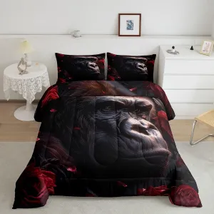 Erosebridal Ape 7 Piece Comforter Set Full Bed in a Bag,Black Gorilla Bedding Sets Red Rose Chimpanzee Bed Set,Gothic Wild Animals Sheet Set with Comforter