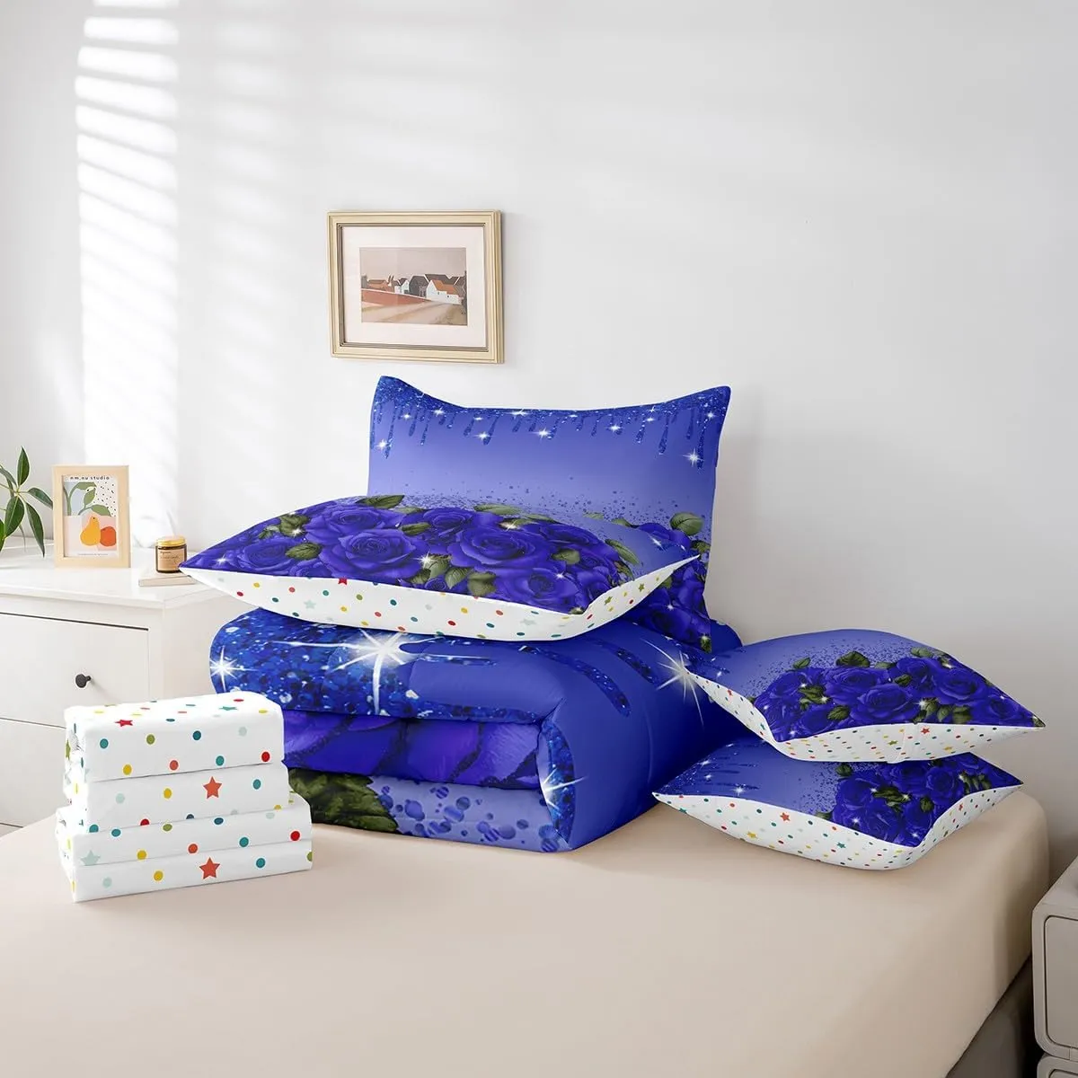 Erosebridal Blue Rose Comforter Set 7 Piece Bed in a Bag Twin,Diamond Crystal Fluid Art Sheet Set with Comforter,Abstract Ombre Bedding Set Romantic Garden Flowers Bed Set Boho Floral Bohemian Decor