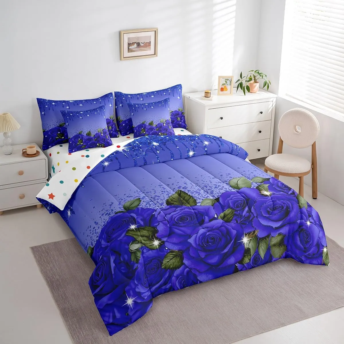 Erosebridal Blue Rose Comforter Set 7 Piece Bed in a Bag Twin,Diamond Crystal Fluid Art Sheet Set with Comforter,Abstract Ombre Bedding Set Romantic Garden Flowers Bed Set Boho Floral Bohemian Decor