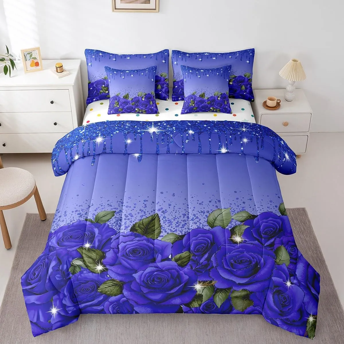 Erosebridal Blue Rose Comforter Set 7 Piece Bed in a Bag Twin,Diamond Crystal Fluid Art Sheet Set with Comforter,Abstract Ombre Bedding Set Romantic Garden Flowers Bed Set Boho Floral Bohemian Decor