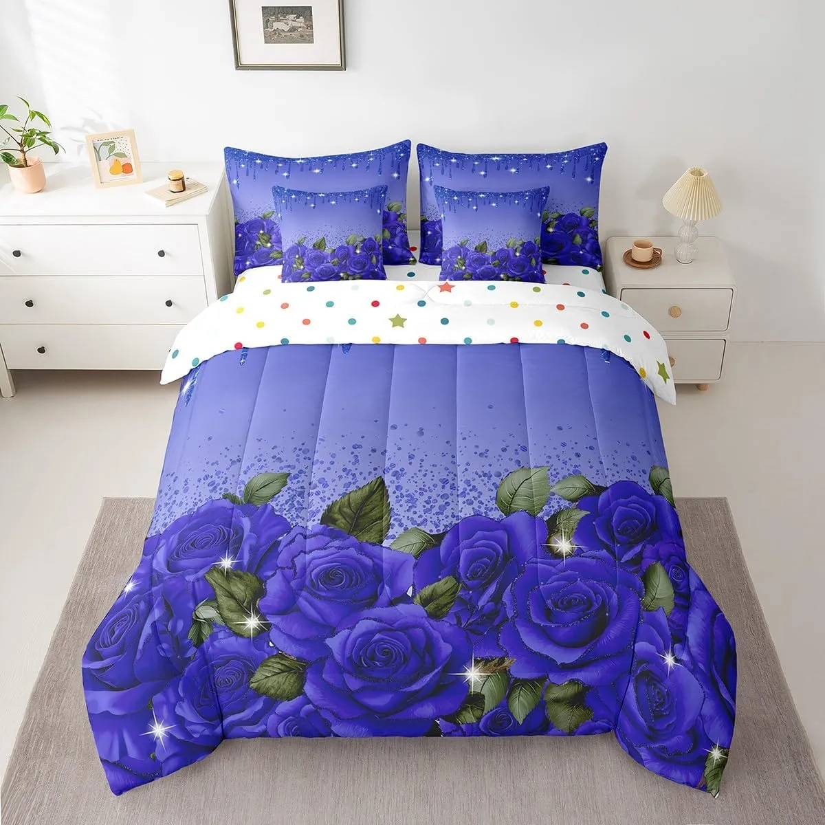Erosebridal Blue Rose Comforter Set 7 Piece Bed in a Bag Twin,Diamond Crystal Fluid Art Sheet Set with Comforter,Abstract Ombre Bedding Set Romantic Garden Flowers Bed Set Boho Floral Bohemian Decor