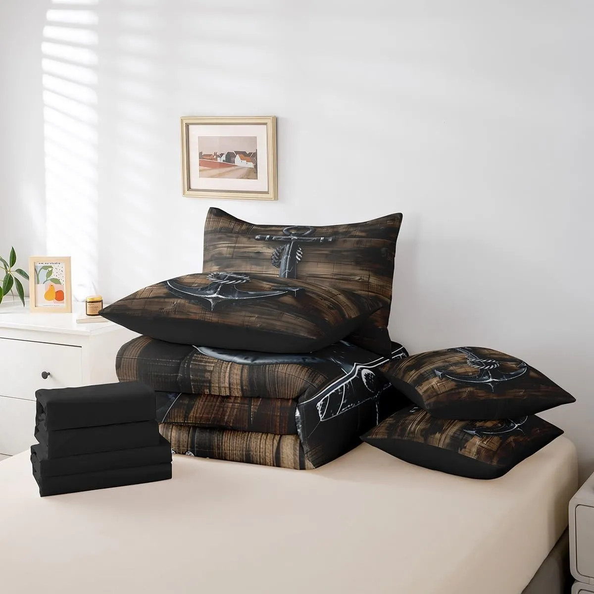Erosebridal Boat Anchor 7 Piece Comforter Set Full Bed in a Bag,Nautical Retro Bedding Sets Brown Cabin Wood Plank Sheet Set with Comforter