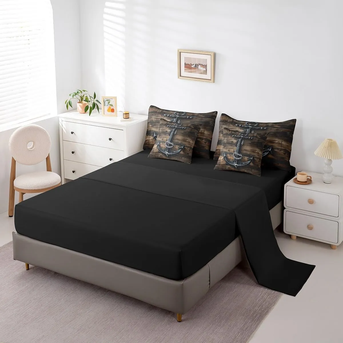 Erosebridal Boat Anchor 7 Piece Comforter Set Full Bed in a Bag,Nautical Retro Bedding Sets Brown Cabin Wood Plank Sheet Set with Comforter