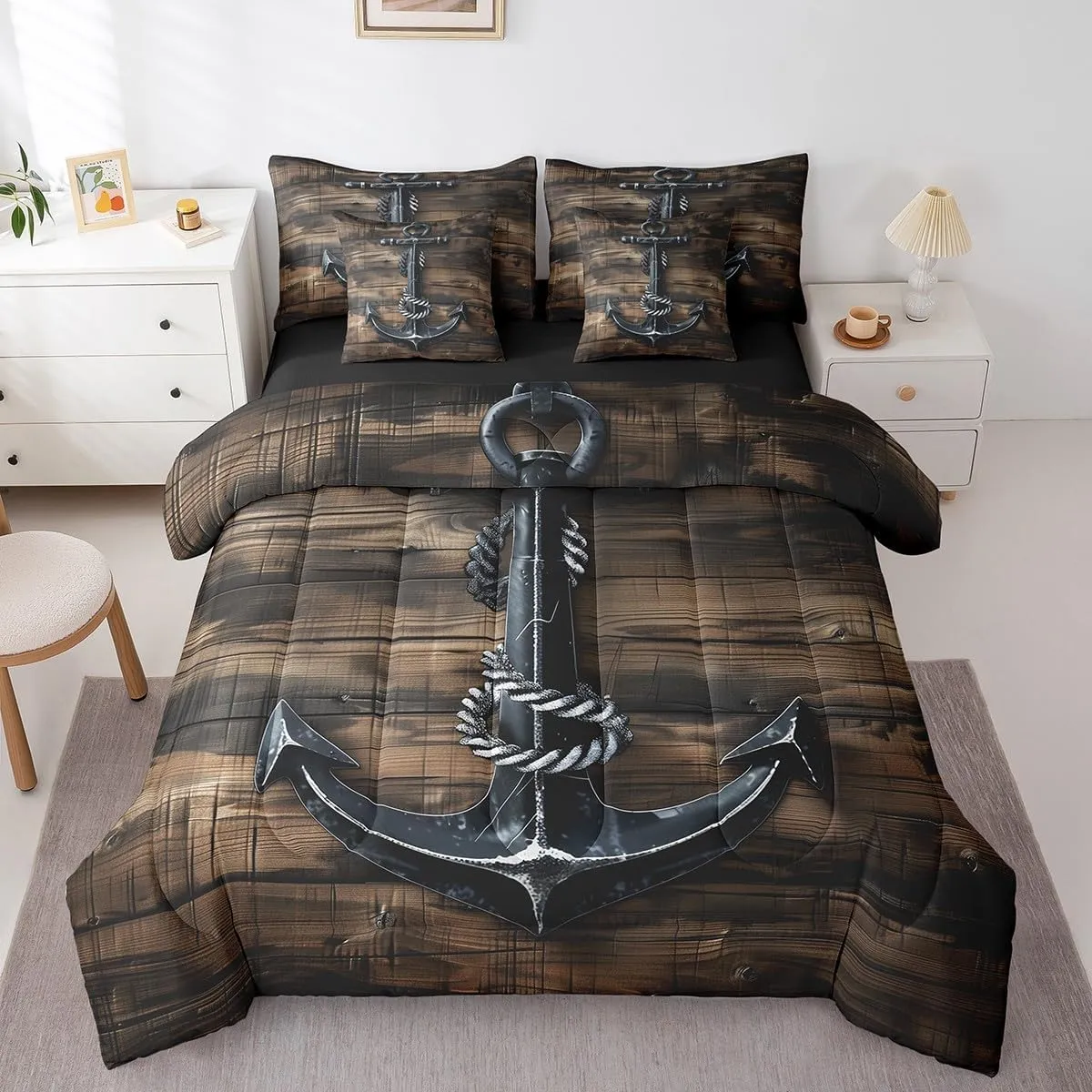 Erosebridal Boat Anchor 7 Piece Comforter Set Full Bed in a Bag,Nautical Retro Bedding Sets Brown Cabin Wood Plank Sheet Set with Comforter