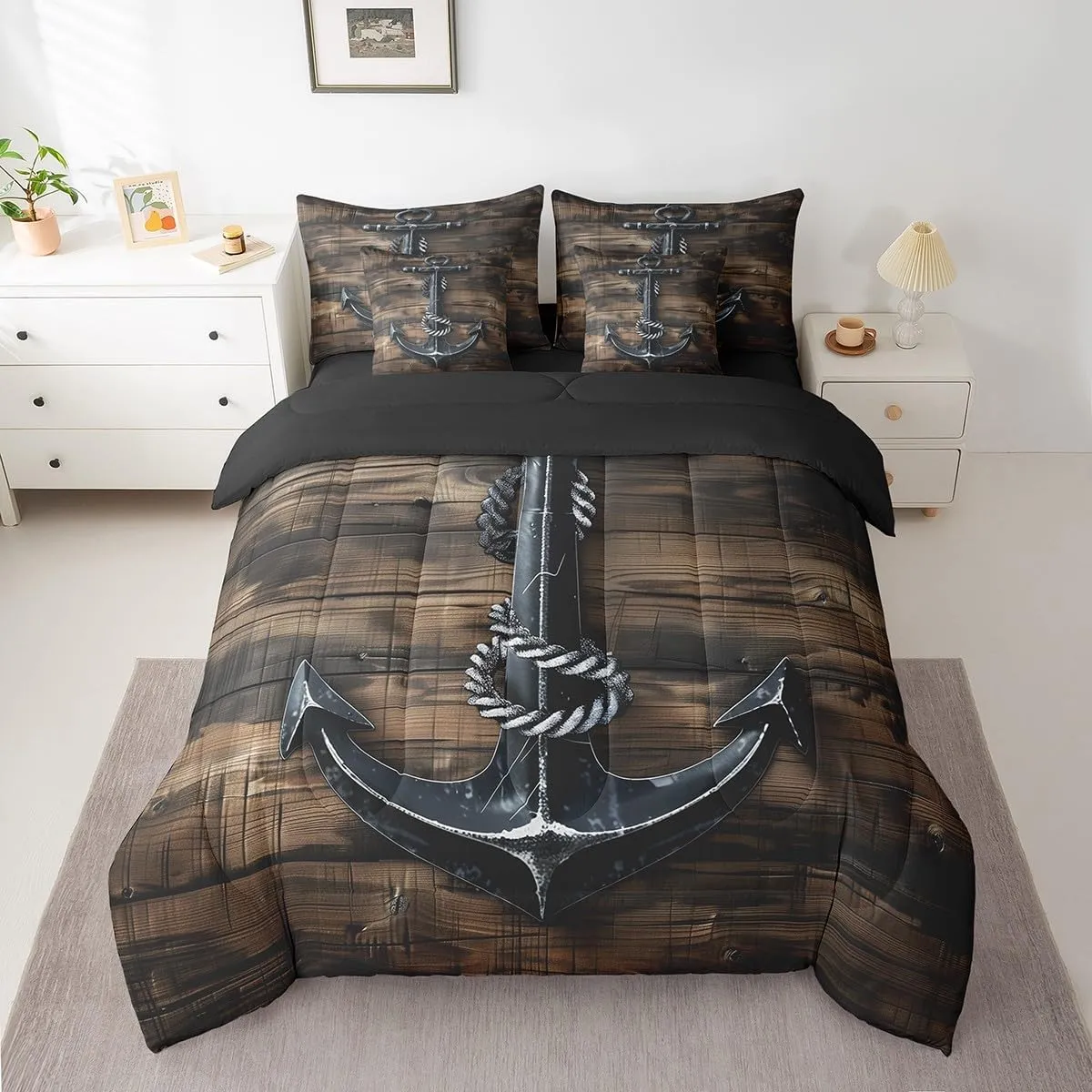 Erosebridal Boat Anchor 7 Piece Comforter Set Full Bed in a Bag,Nautical Retro Bedding Sets Brown Cabin Wood Plank Sheet Set with Comforter