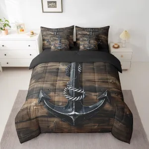 Erosebridal Boat Anchor 7 Piece Comforter Set Full Bed in a Bag,Nautical Retro Bedding Sets Brown Cabin Wood Plank Sheet Set with Comforter