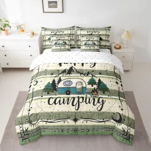 Erosebridal Camper Decor 7 Piece Comforter Set Full Bed in a Bag,Camping Lodge Cabin Camp Travel Car Bedding Sets Beige Green Cottage Wooden Plank Sheet Set with Comforter