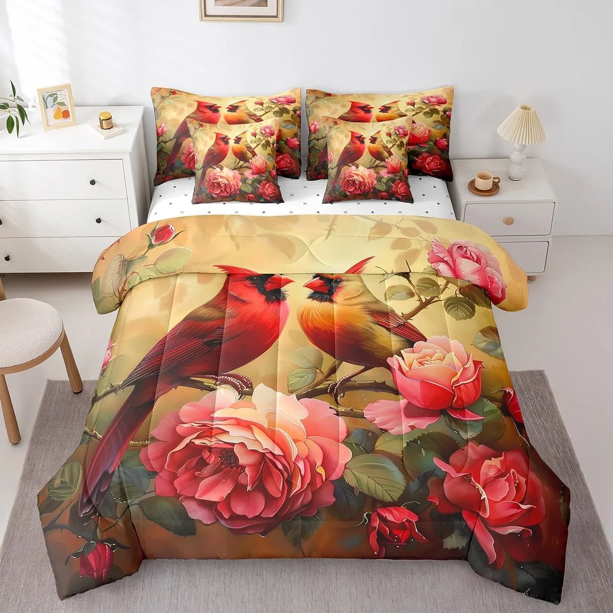 Erosebridal Cardinal Bed in a Bag Queen Comforter Set 7 Piece,Red Rose Bedding Sets Romantic Flowers Fitted Sheet,Wild Animal Bird Sheet Set with Comforter