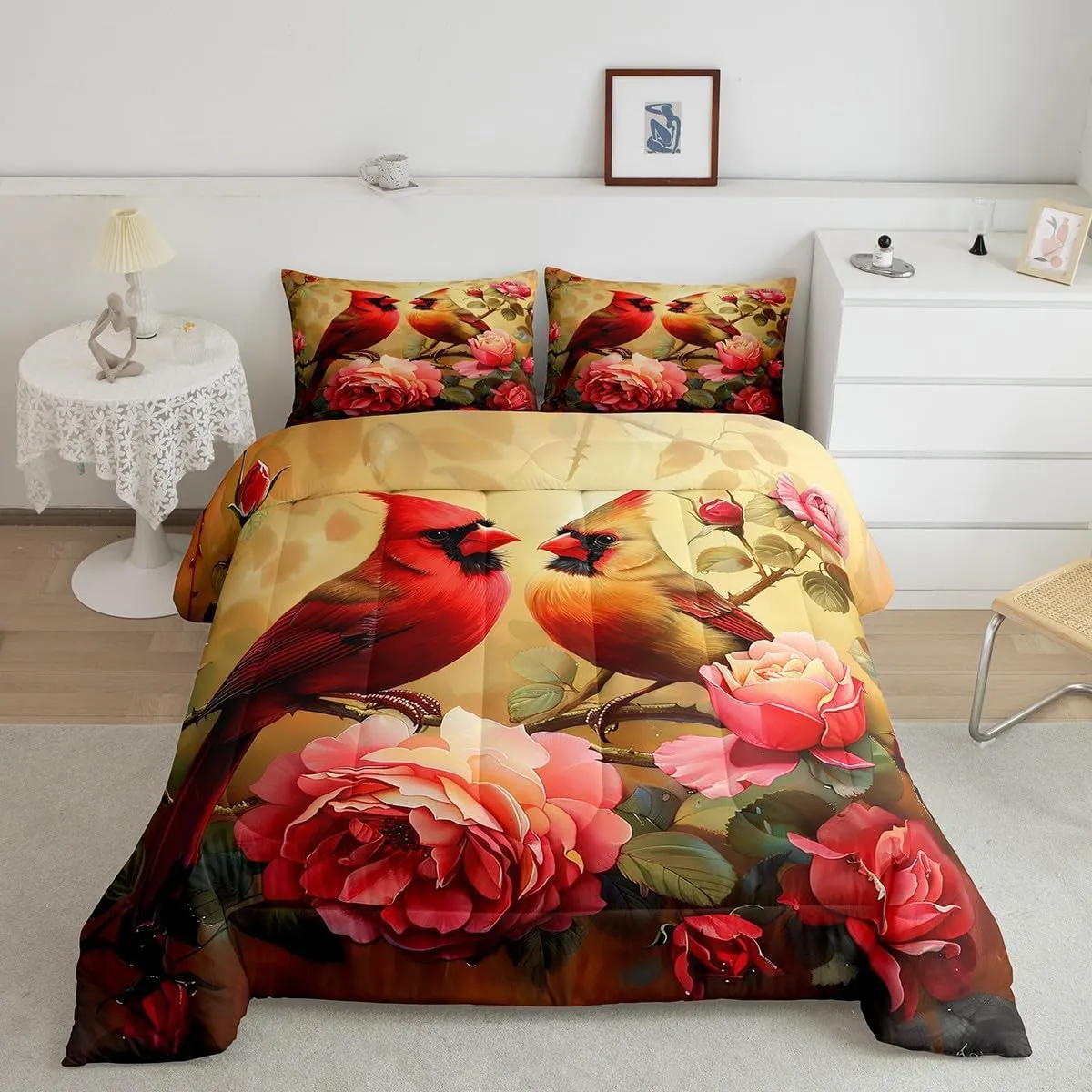 Erosebridal Cardinal Bed in a Bag Queen Comforter Set 7 Piece,Red Rose Bedding Sets Romantic Flowers Fitted Sheet,Wild Animal Bird Sheet Set with Comforter