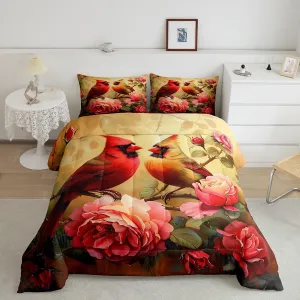 Erosebridal Cardinal Bed in a Bag Queen Comforter Set 7 Piece,Red Rose Bedding Sets Romantic Flowers Fitted Sheet,Wild Animal Bird Sheet Set with Comforter
