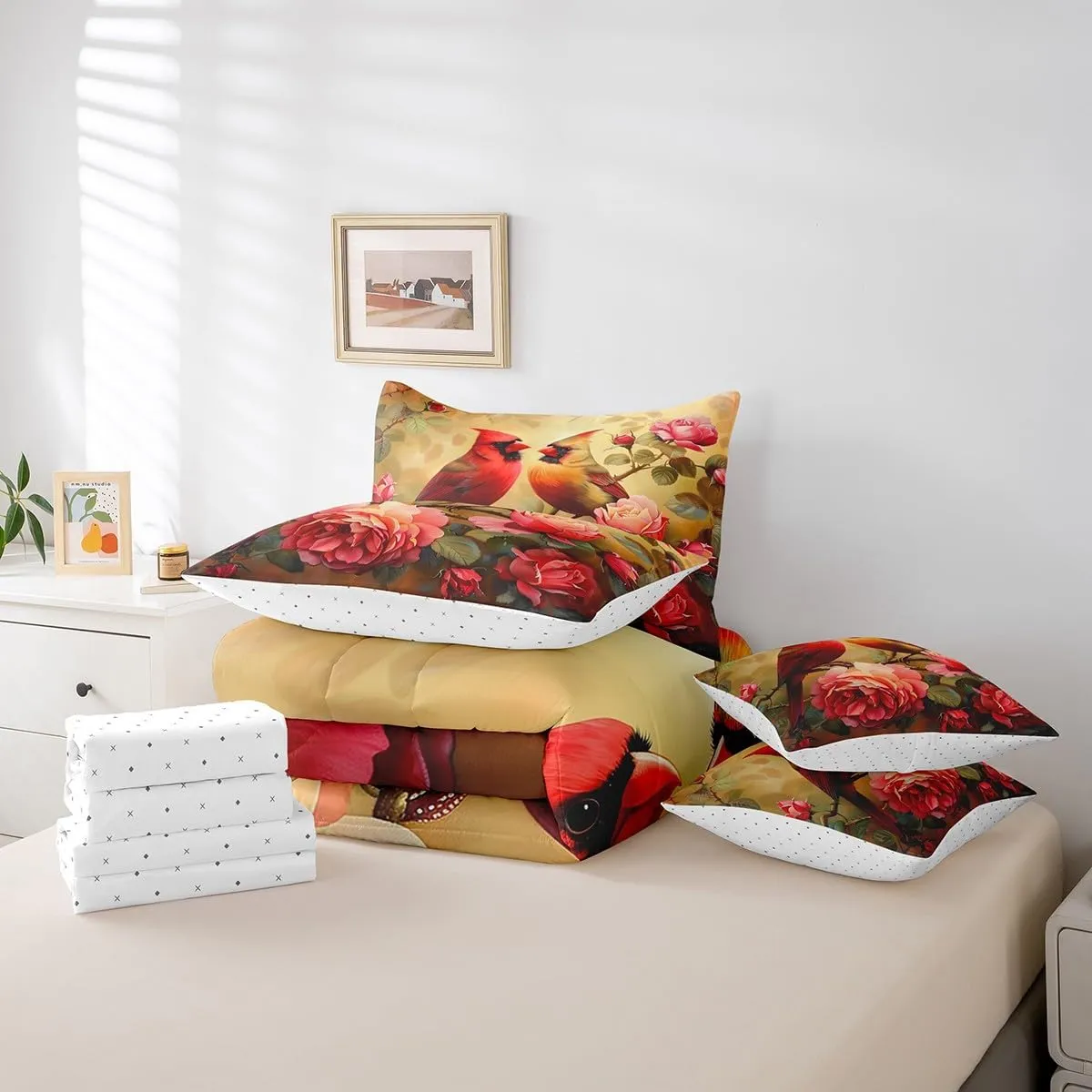 Erosebridal Cardinal Bed in a Bag Queen Comforter Set 7 Piece,Red Rose Bedding Sets Romantic Flowers Fitted Sheet,Wild Animal Bird Sheet Set with Comforter