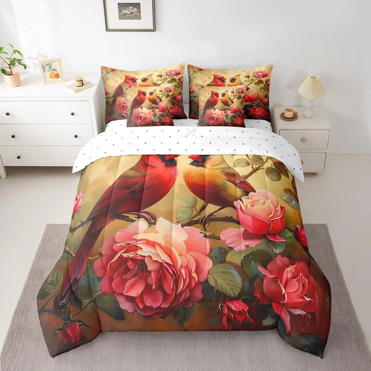 Erosebridal Cardinal Bed in a Bag Queen Comforter Set 7 Piece,Red Rose Bedding Sets Romantic Flowers Fitted Sheet,Wild Animal Bird Sheet Set with Comforter