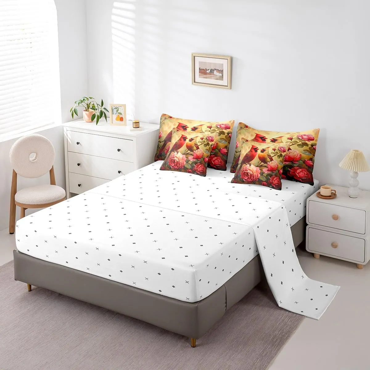 Erosebridal Cardinal Bed in a Bag Queen Comforter Set 7 Piece,Red Rose Bedding Sets Romantic Flowers Fitted Sheet,Wild Animal Bird Sheet Set with Comforter