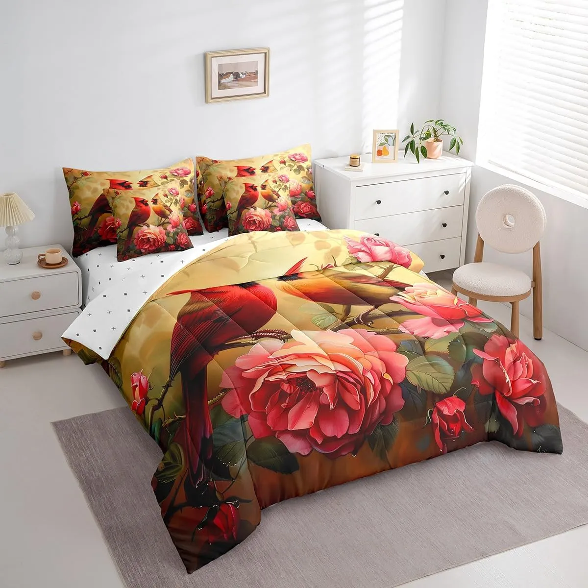 Erosebridal Cardinal Bed in a Bag Queen Comforter Set 7 Piece,Red Rose Bedding Sets Romantic Flowers Fitted Sheet,Wild Animal Bird Sheet Set with Comforter