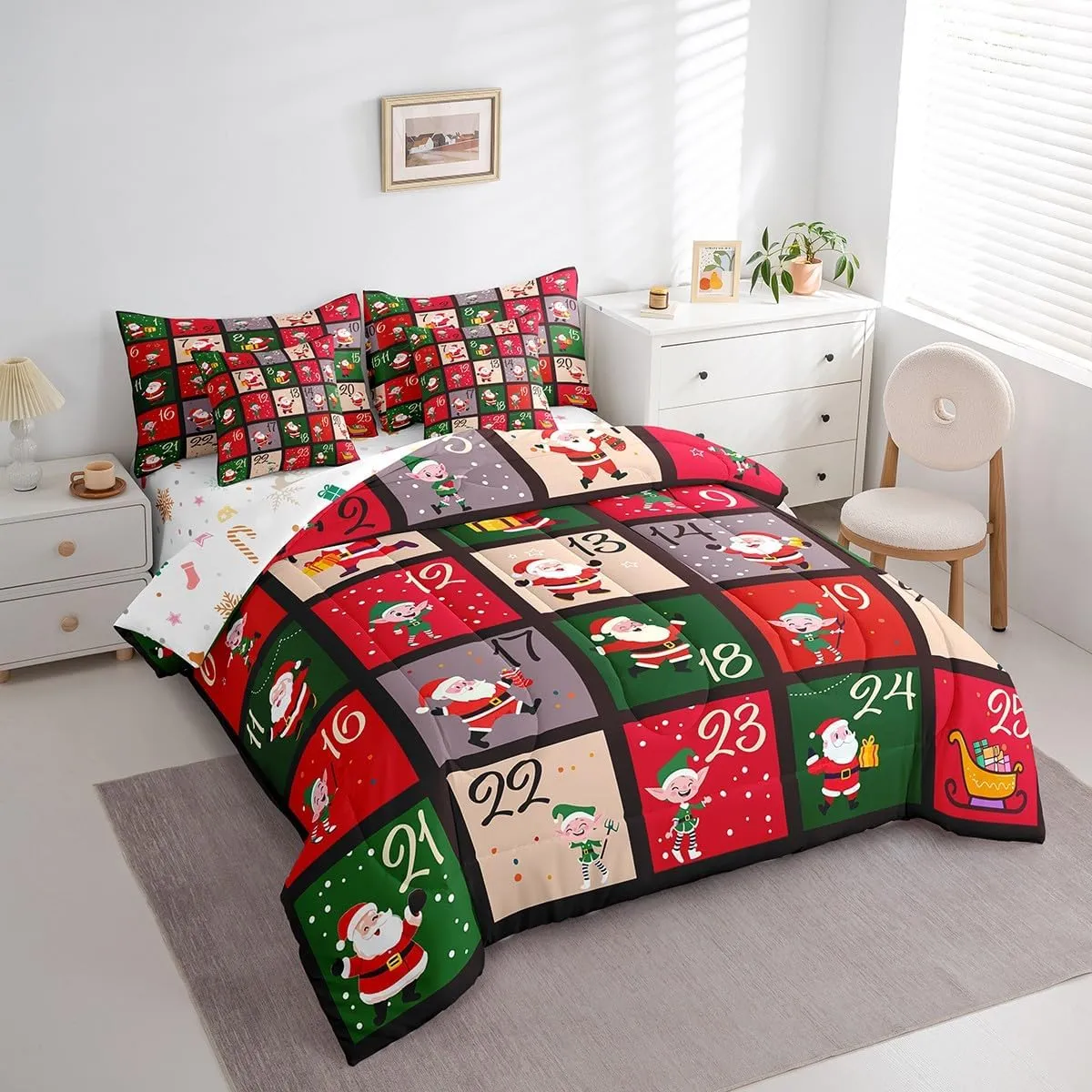 Erosebridal Cartoon Santa Claus Bed in a Bag Queen Comforter Set 7 Piece,Patchwork Christmas Decorations Bedding Sets Cute Christmas Santa Dwarf Sheet Set with Comforter,Kawaii Xmas Gnome Bed Set
