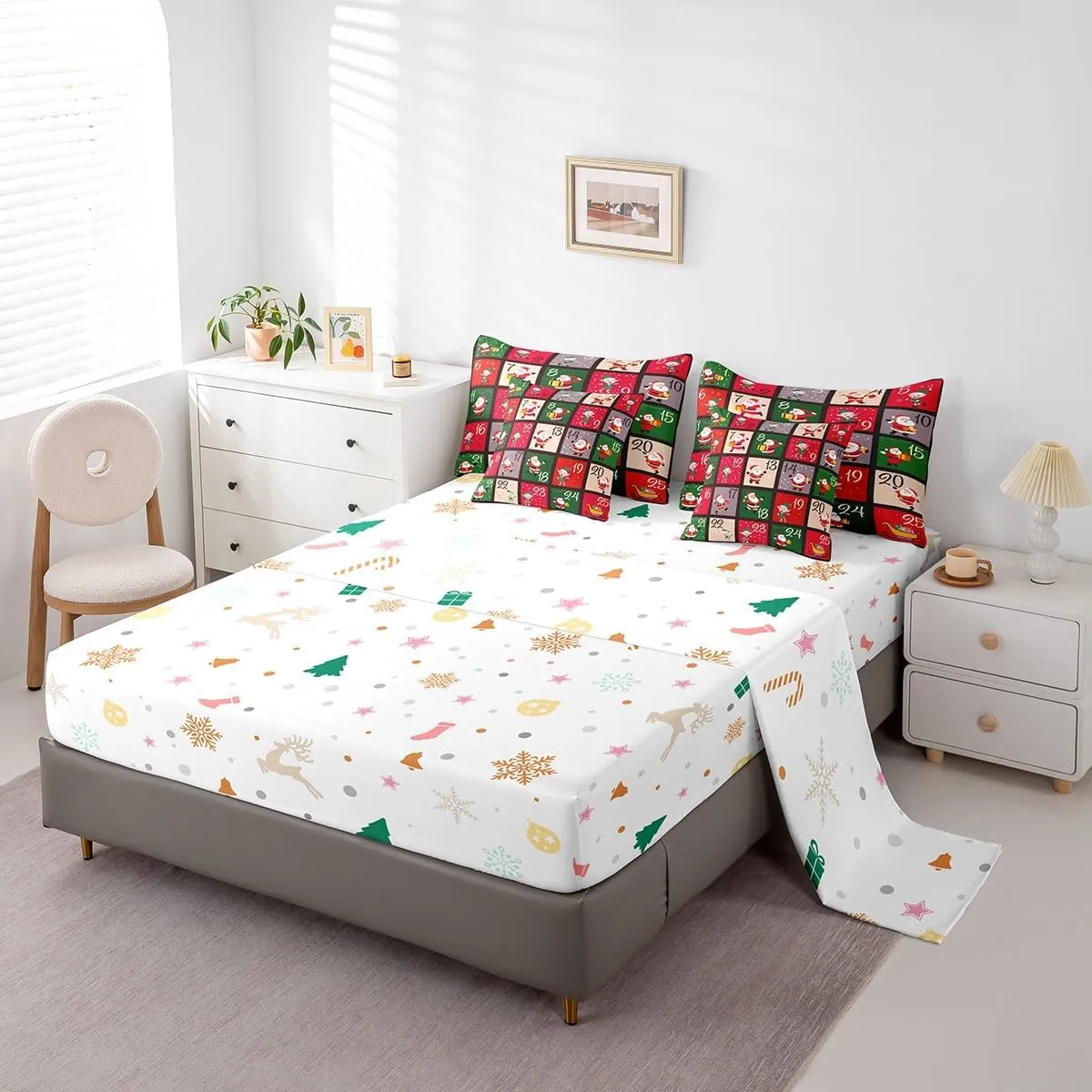 Erosebridal Cartoon Santa Claus Bed in a Bag Queen Comforter Set 7 Piece,Patchwork Christmas Decorations Bedding Sets Cute Christmas Santa Dwarf Sheet Set with Comforter,Kawaii Xmas Gnome Bed Set
