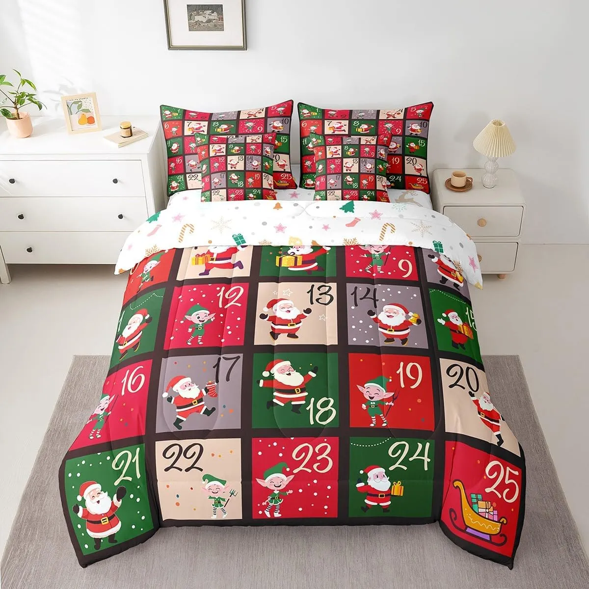 Erosebridal Cartoon Santa Claus Bed in a Bag Queen Comforter Set 7 Piece,Patchwork Christmas Decorations Bedding Sets Cute Christmas Santa Dwarf Sheet Set with Comforter,Kawaii Xmas Gnome Bed Set