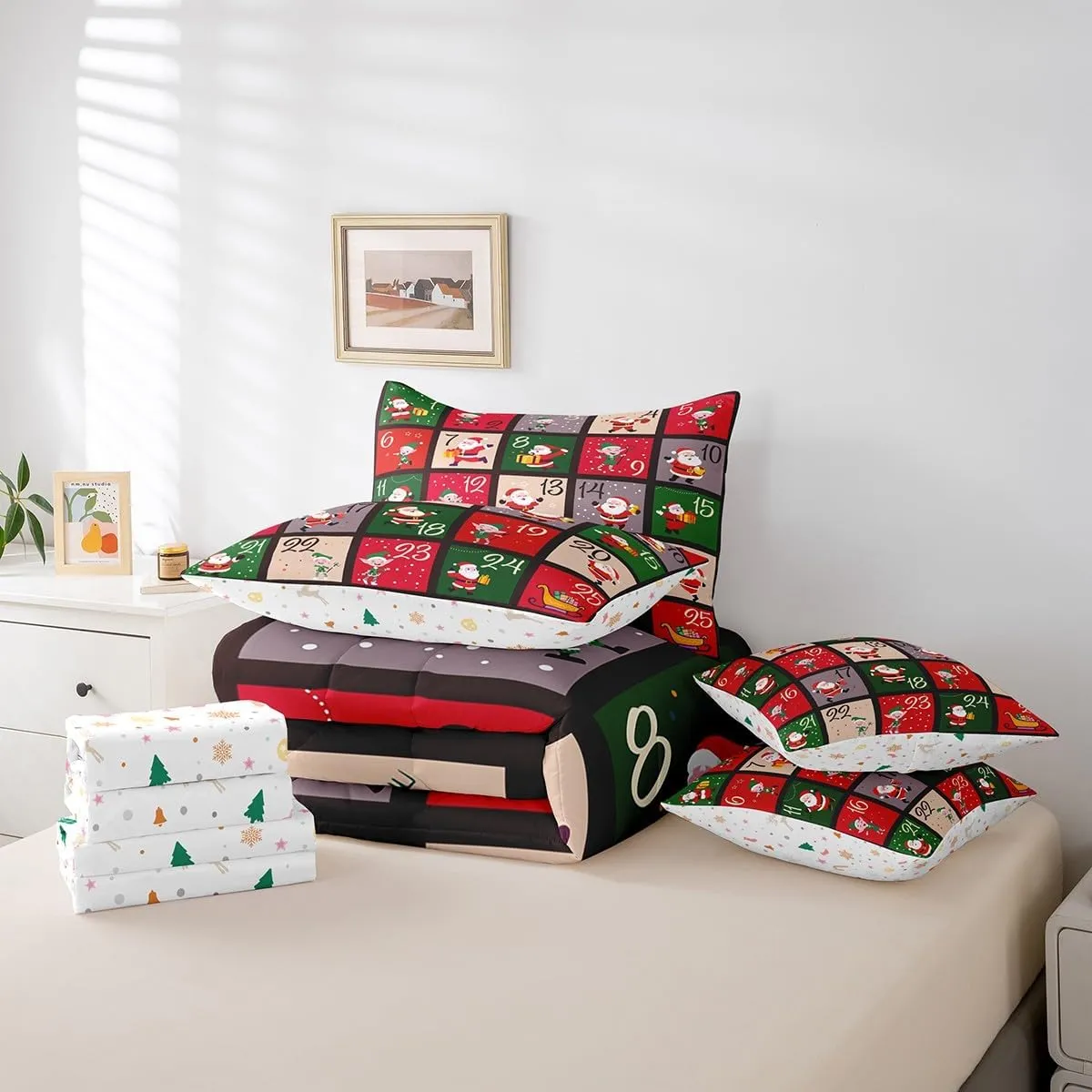 Erosebridal Cartoon Santa Claus Bed in a Bag Queen Comforter Set 7 Piece,Patchwork Christmas Decorations Bedding Sets Cute Christmas Santa Dwarf Sheet Set with Comforter,Kawaii Xmas Gnome Bed Set