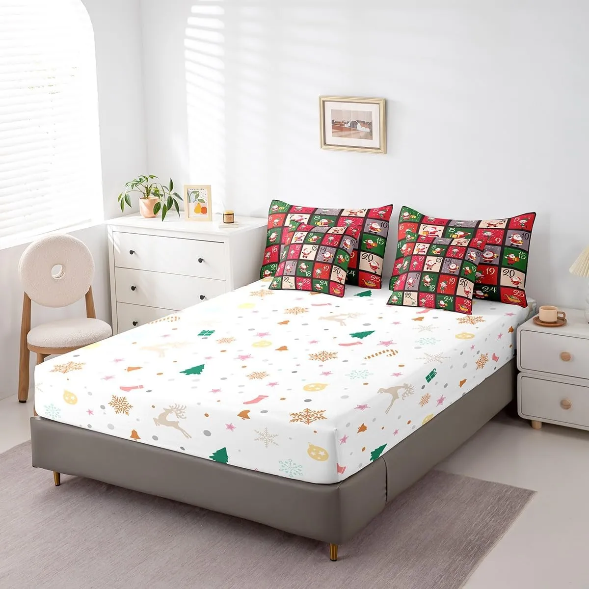 Erosebridal Cartoon Santa Claus Bed in a Bag Queen Comforter Set 7 Piece,Patchwork Christmas Decorations Bedding Sets Cute Christmas Santa Dwarf Sheet Set with Comforter,Kawaii Xmas Gnome Bed Set