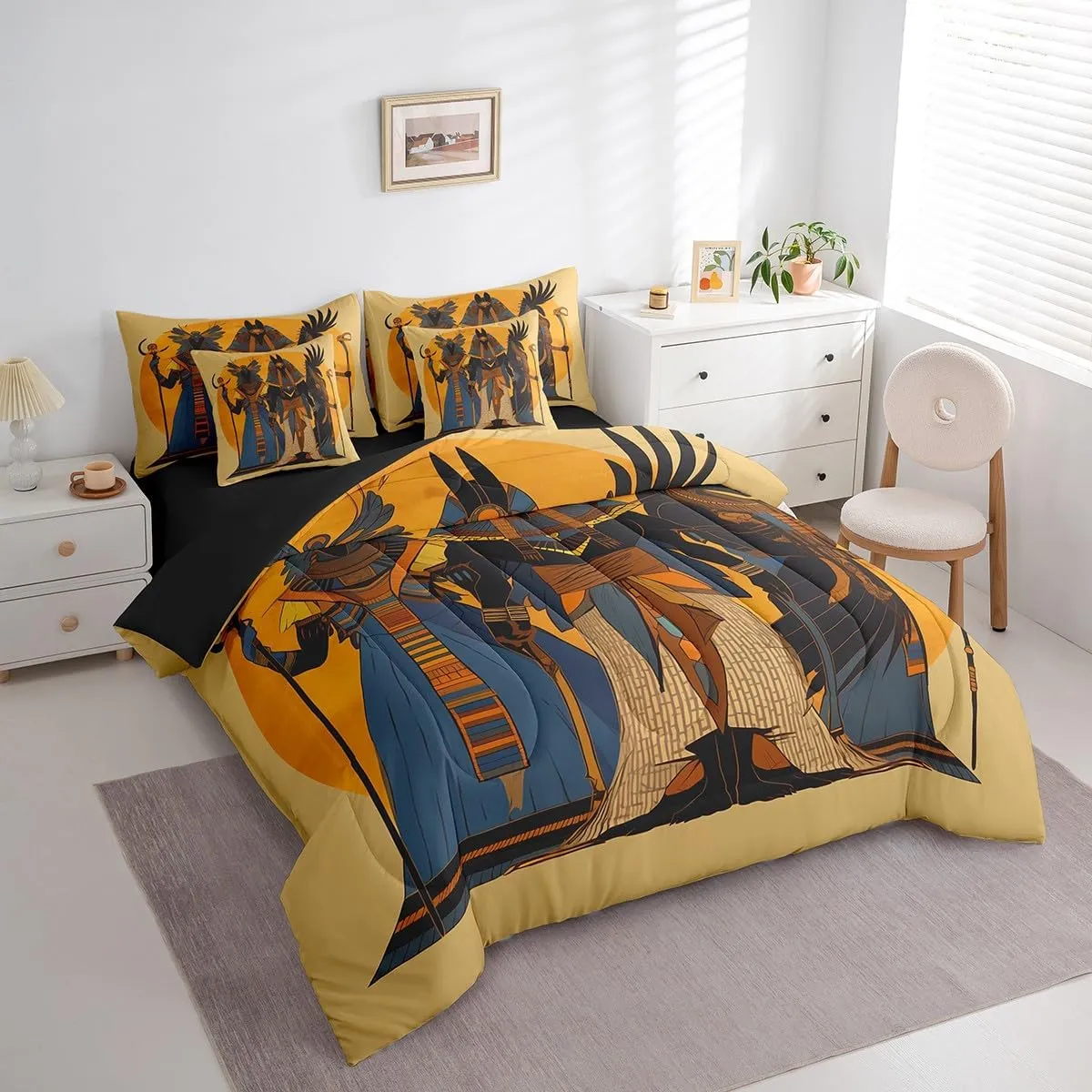 Erosebridal Egypt Style 7 Piece Comforter Set Full Bed in a Bag,Ancient Egyptian Bedding Sets Native American Sheet Set with Comforter